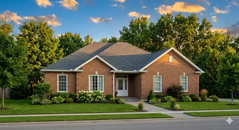 Completed charcoal shingle roof replacement on a brick bungalow in St. Catharines