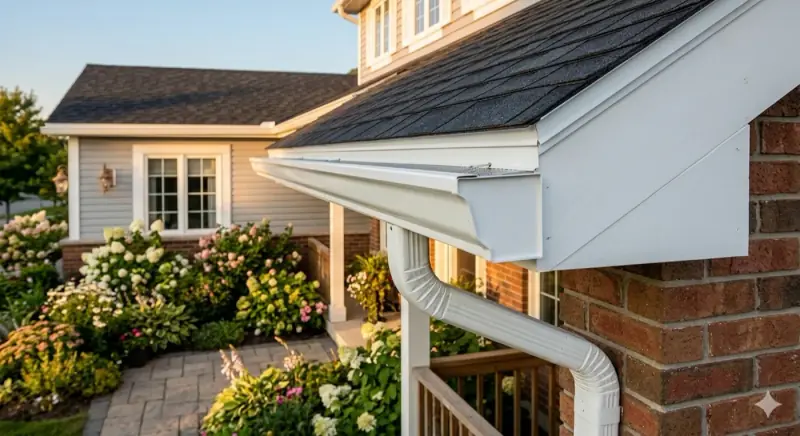 Clean aluminum eavestrough and gutters on a residential home