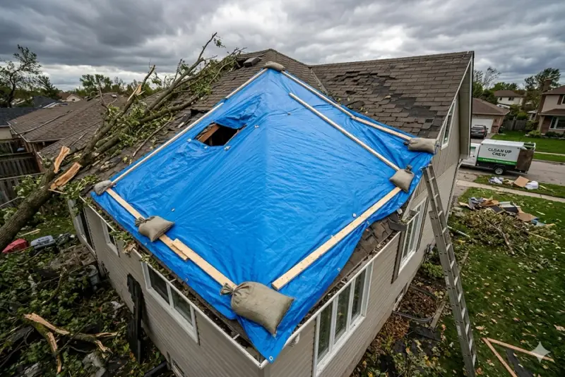 Emergency roof repair on a storm-damaged residential home