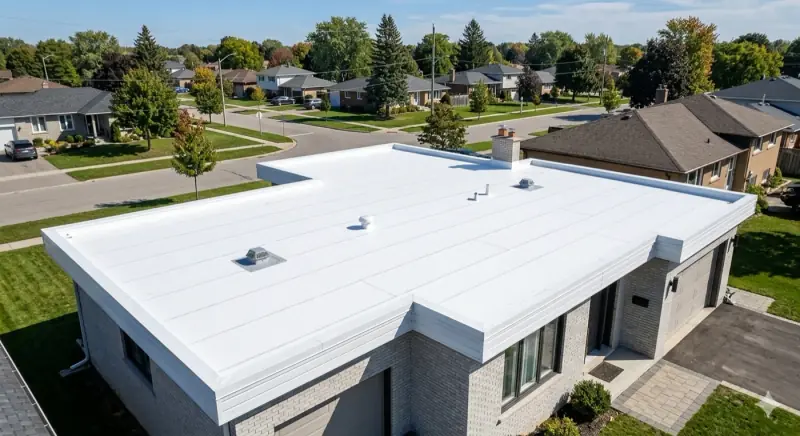 White TPO flat roof on a residential bungalow in a suburban neighbourhood