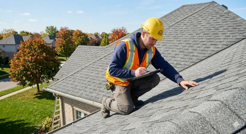 Professional roofer inspecting a residential shingle roof in Niagara