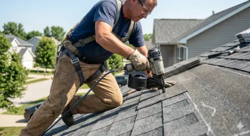 Roofer repairing asphalt shingles on a residential home in Niagara