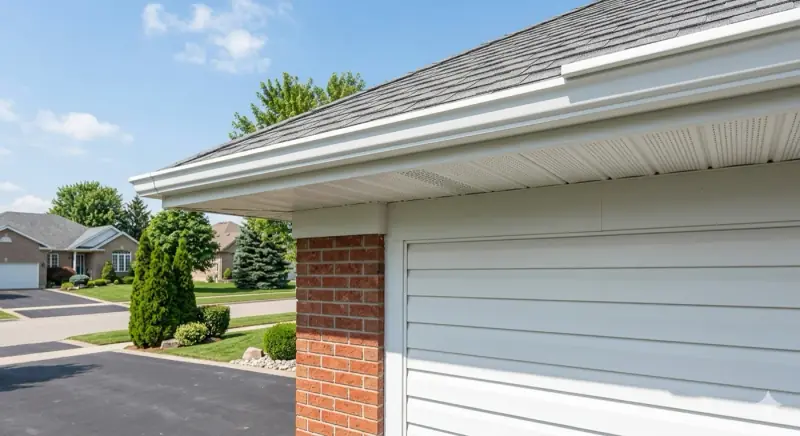 White vinyl soffit and fascia on the roofline of a residential home